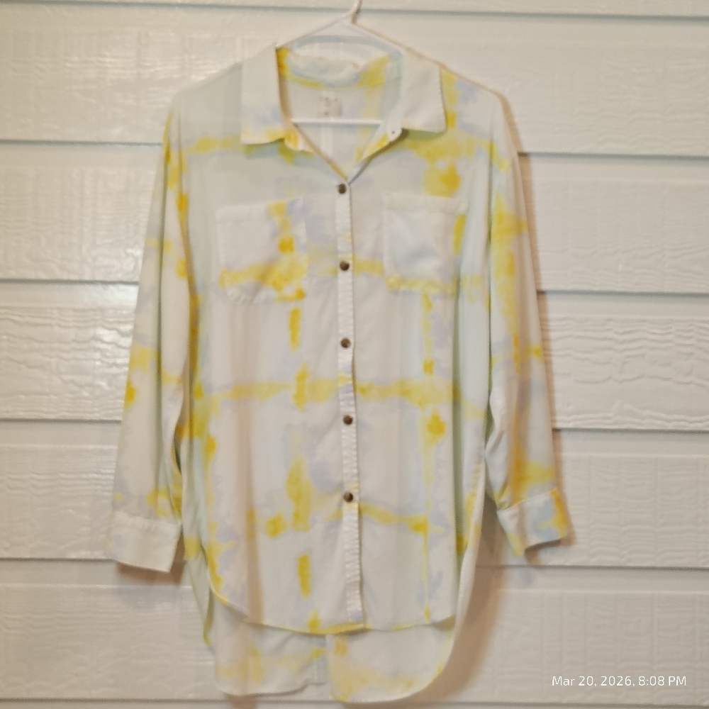 Calia Watercolor Yellow Swim Collection Coverup Button Down Shirt‎ Sz M Beachy